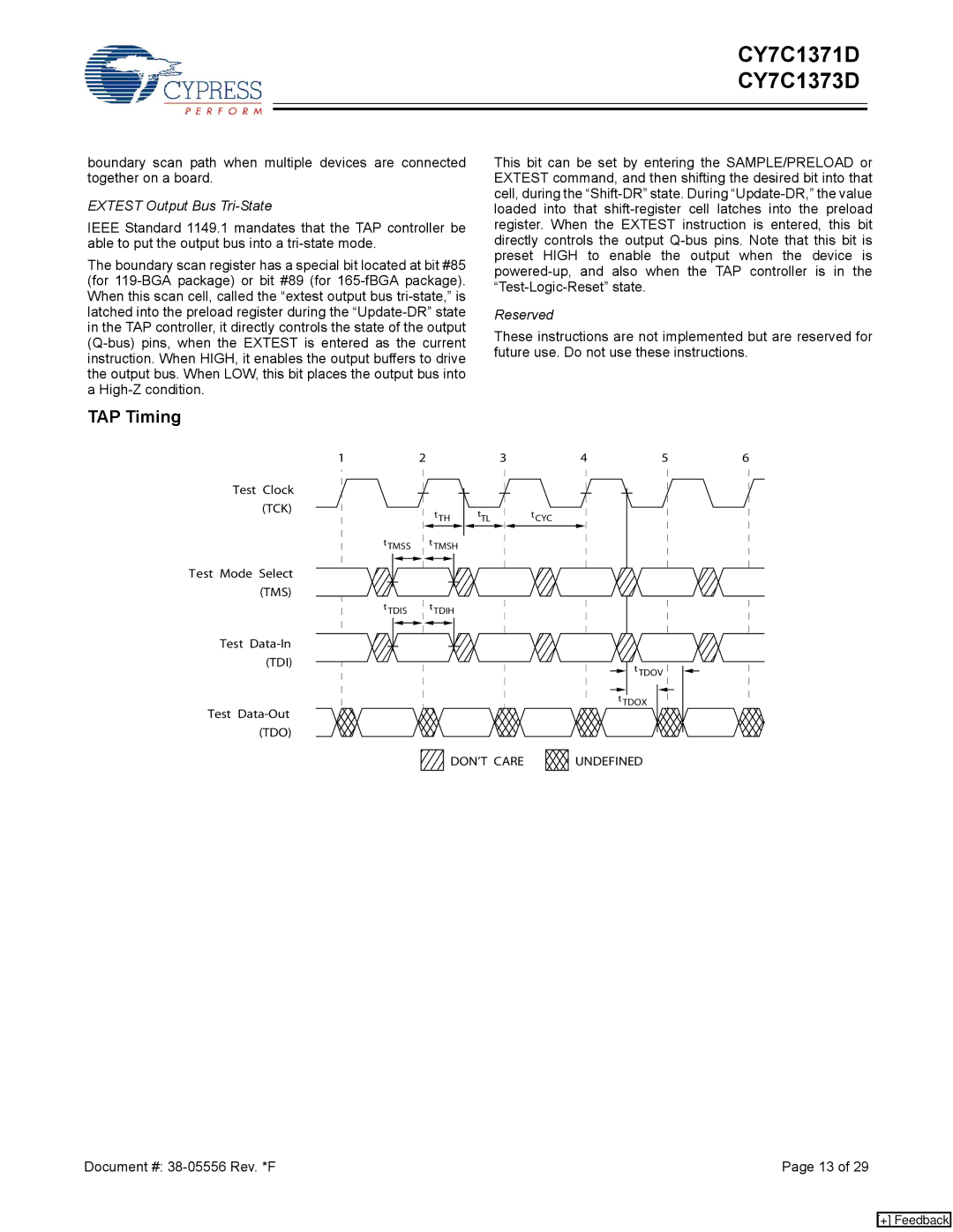Cypress CY7C1371D, CY7C1373D manual TAP Timing, Extest Output Bus Tri-State 
