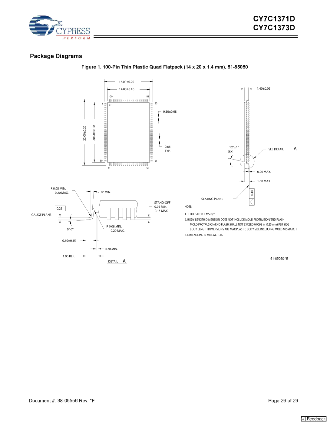 Cypress CY7C1373D, CY7C1371D manual Package Diagrams, Pin Thin Plastic Quad Flatpack 14 x 20 x 1.4 mm 