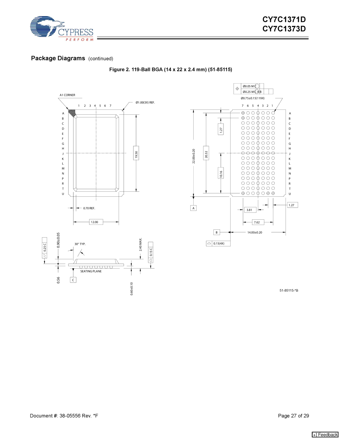 Cypress CY7C1371D, CY7C1373D manual Ball BGA 14 x 22 x 2.4 mm 