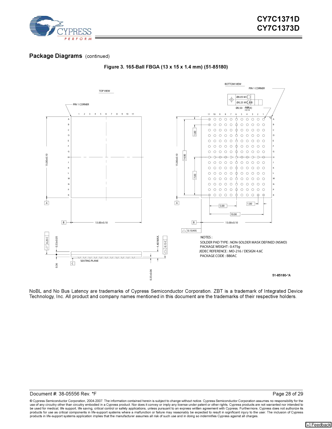 Cypress CY7C1373D, CY7C1371D manual Ball Fbga 13 x 15 x 1.4 mm 