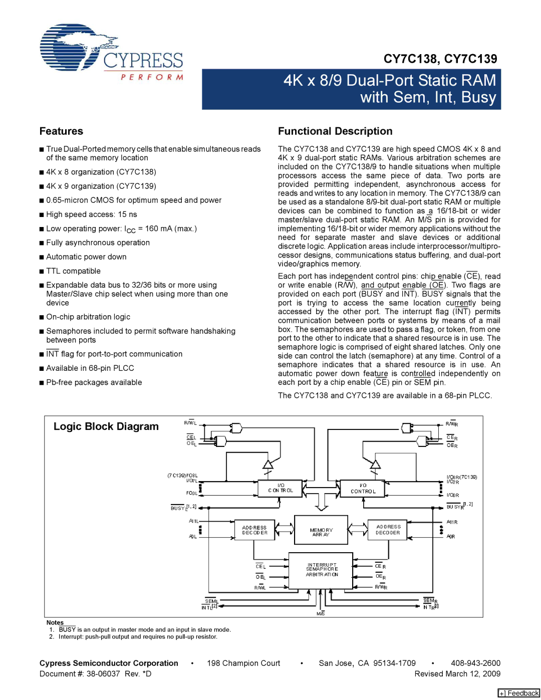 Cypress CY7C139, CY7C138 manual Features, Functional Description, Logic Block Diagram 