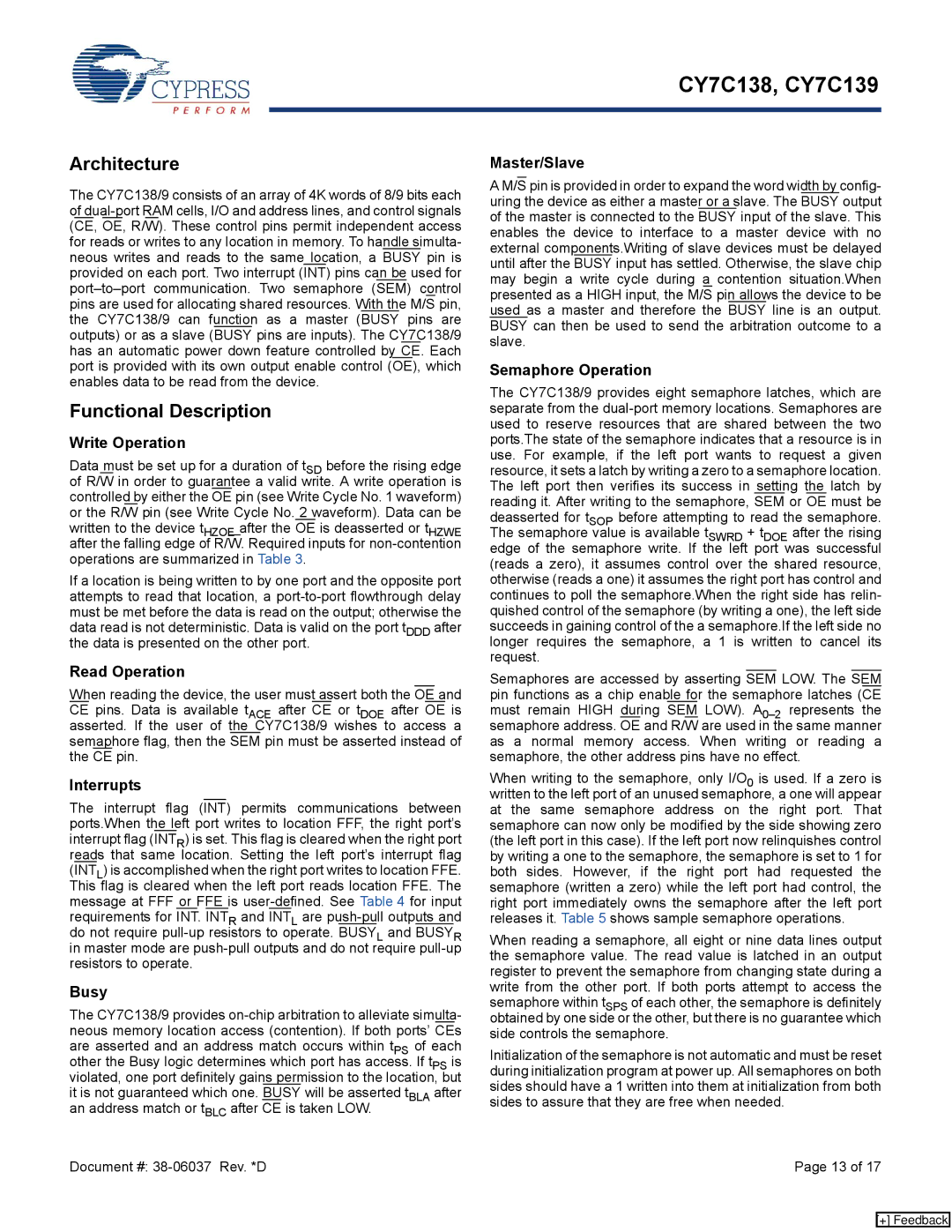 Cypress CY7C139, CY7C138 manual Architecture, Write Operation 