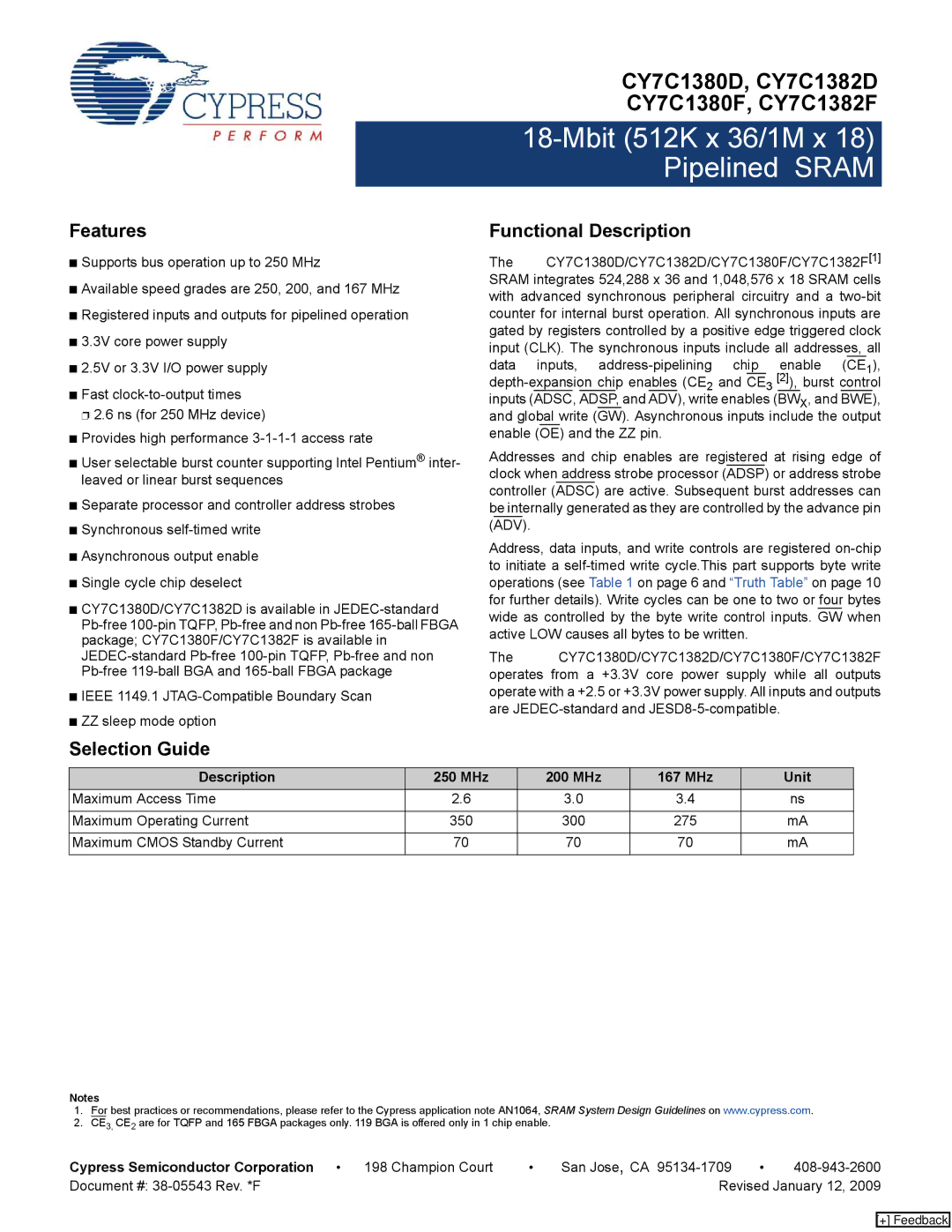 Cypress CY7C1380D manual Features, Functional Description, Selection Guide, Description 250 MHz 200 MHz 167 MHz Unit 