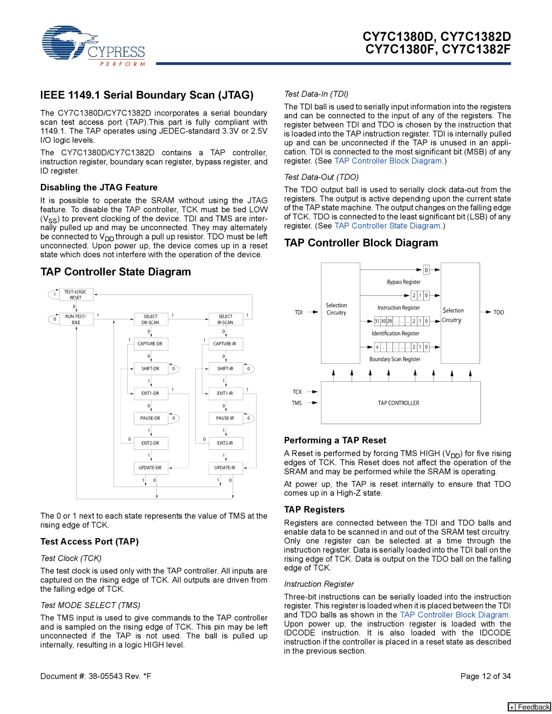 Cypress CY7C1380F manual Ieee 1149.1 Serial Boundary Scan Jtag, TAP Controller State Diagram, TAP Controller Block Diagram 
