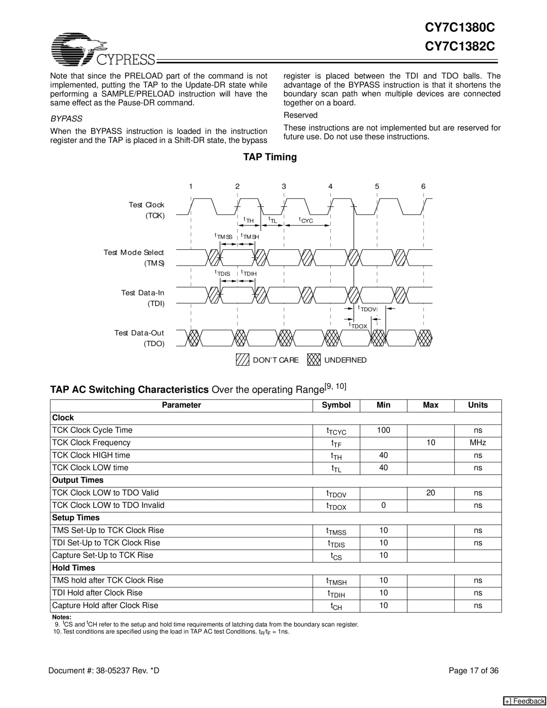 Cypress CY7C1380C, CY7C1382C manual TAP Timing, TAP AC Switching Characteristics Over the operating Range9 