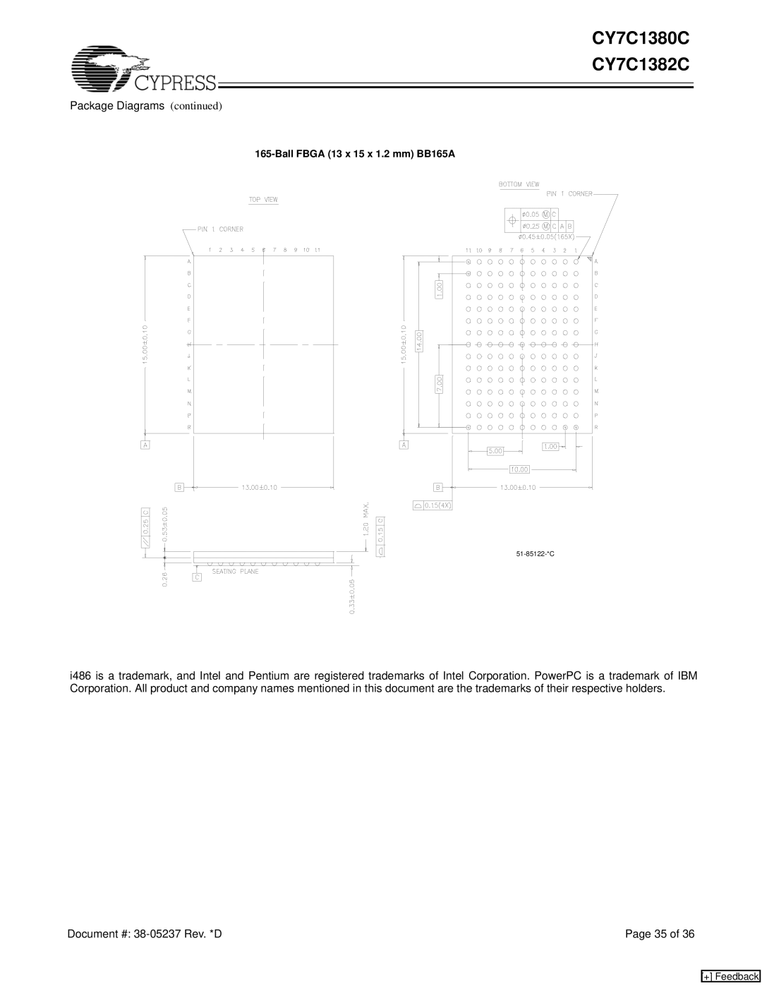 Cypress CY7C1380C, CY7C1382C manual Package Diagrams 