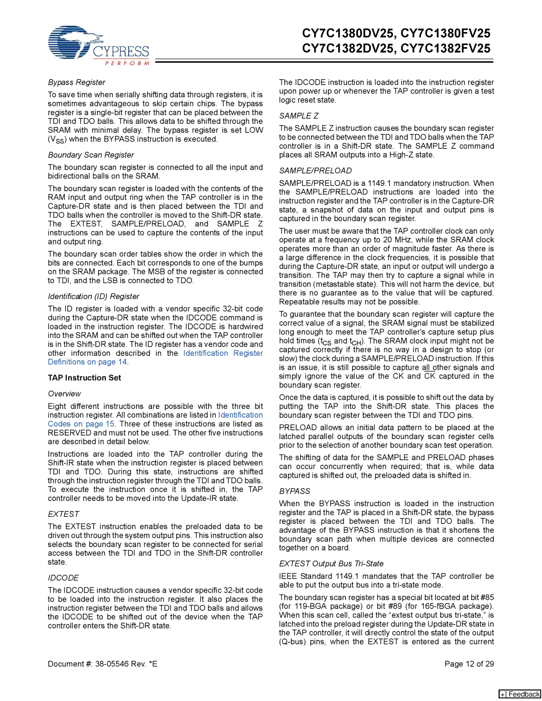 Cypress CY7C1382DV25, CY7C1380DV25, CY7C1380FV25, CY7C1382FV25 manual Bypass Register, TAP Instruction Set 