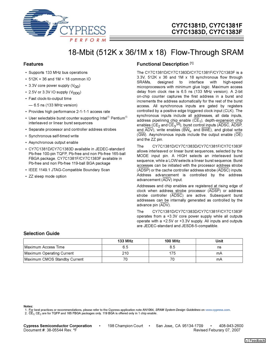 Cypress CY7C1381D, CY7C1383F manual Features, Selection Guide, MHz 100 MHz Unit, Cypress Semiconductor Corporation 