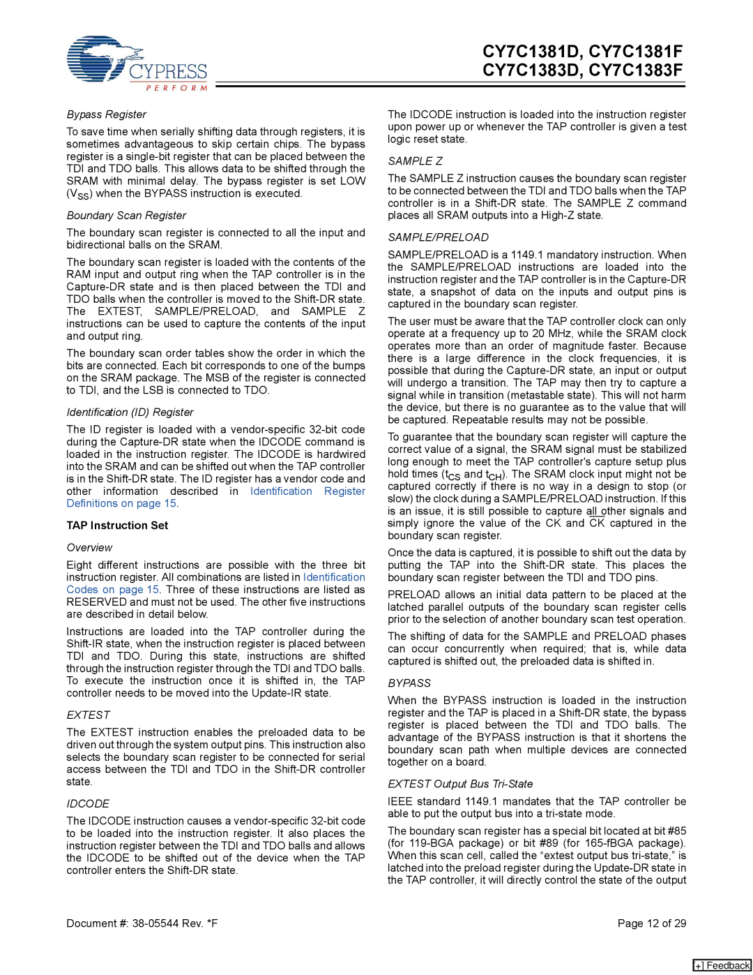 Cypress CY7C1383F, CY7C1381D, CY7C1381F, CY7C1383D manual Bypass Register, TAP Instruction Set 