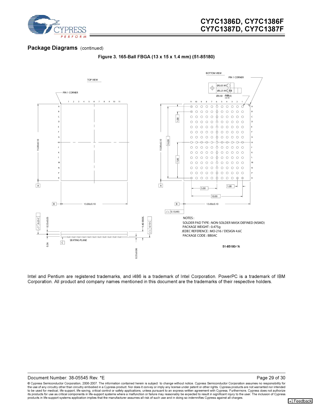 Cypress CY7C1387F, CY7C1386F, CY7C1386D, CY7C1387D manual Ball Fbga 13 x 15 x 1.4 mm 