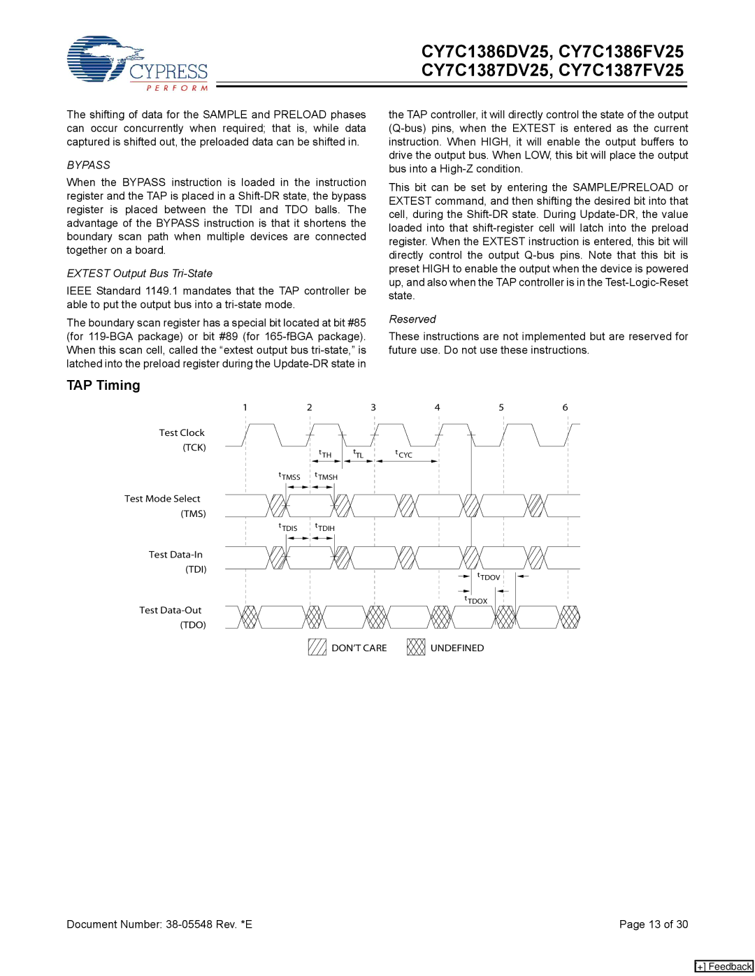 Cypress CY7C1387FV25, CY7C1387DV25, CY7C1386DV25, CY7C1386FV25 manual TAP Timing, Bypass 