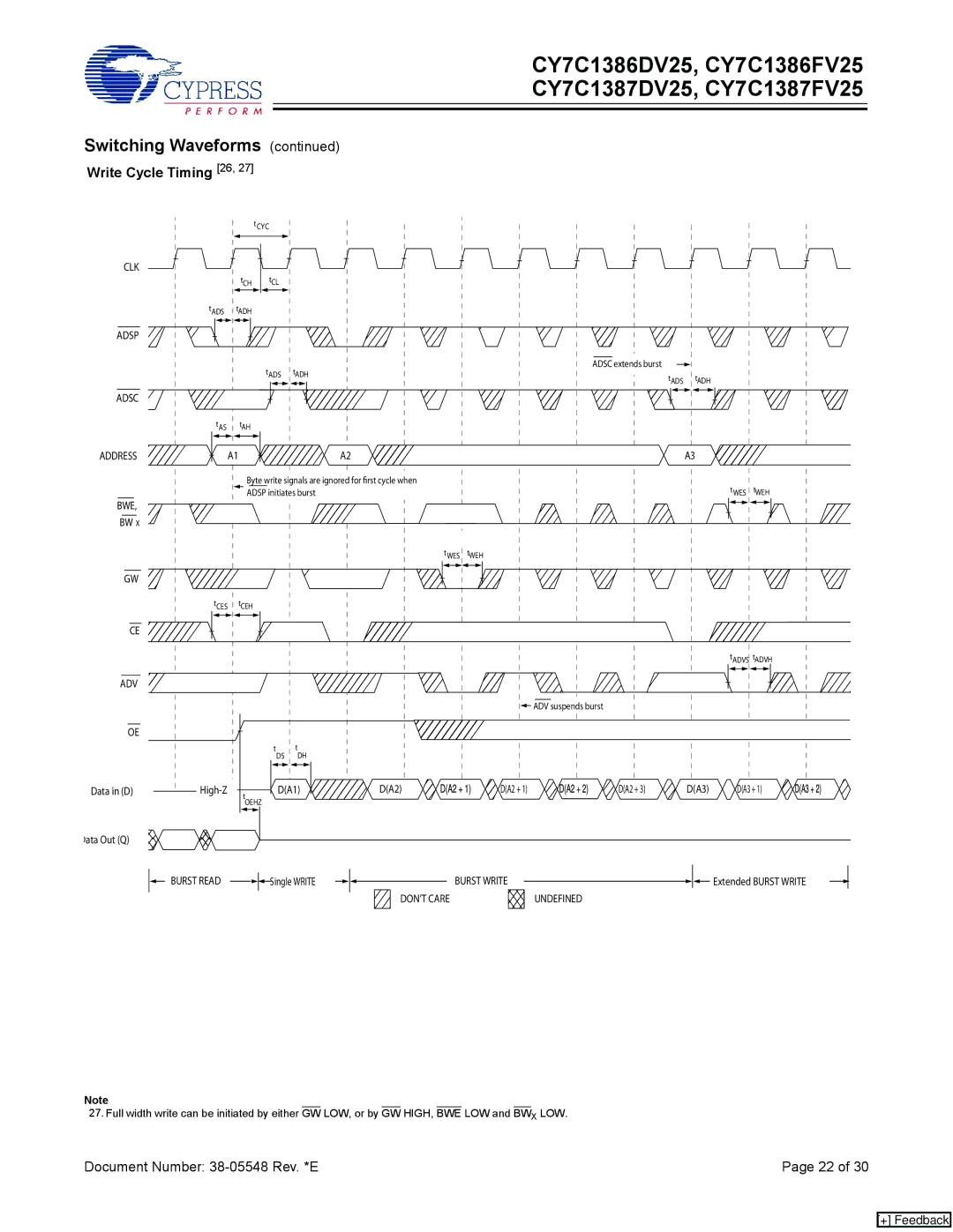 Cypress CY7C1386DV25, CY7C1387DV25, CY7C1387FV25, CY7C1386FV25 manual Write Cycle Timing 26, Adsc 