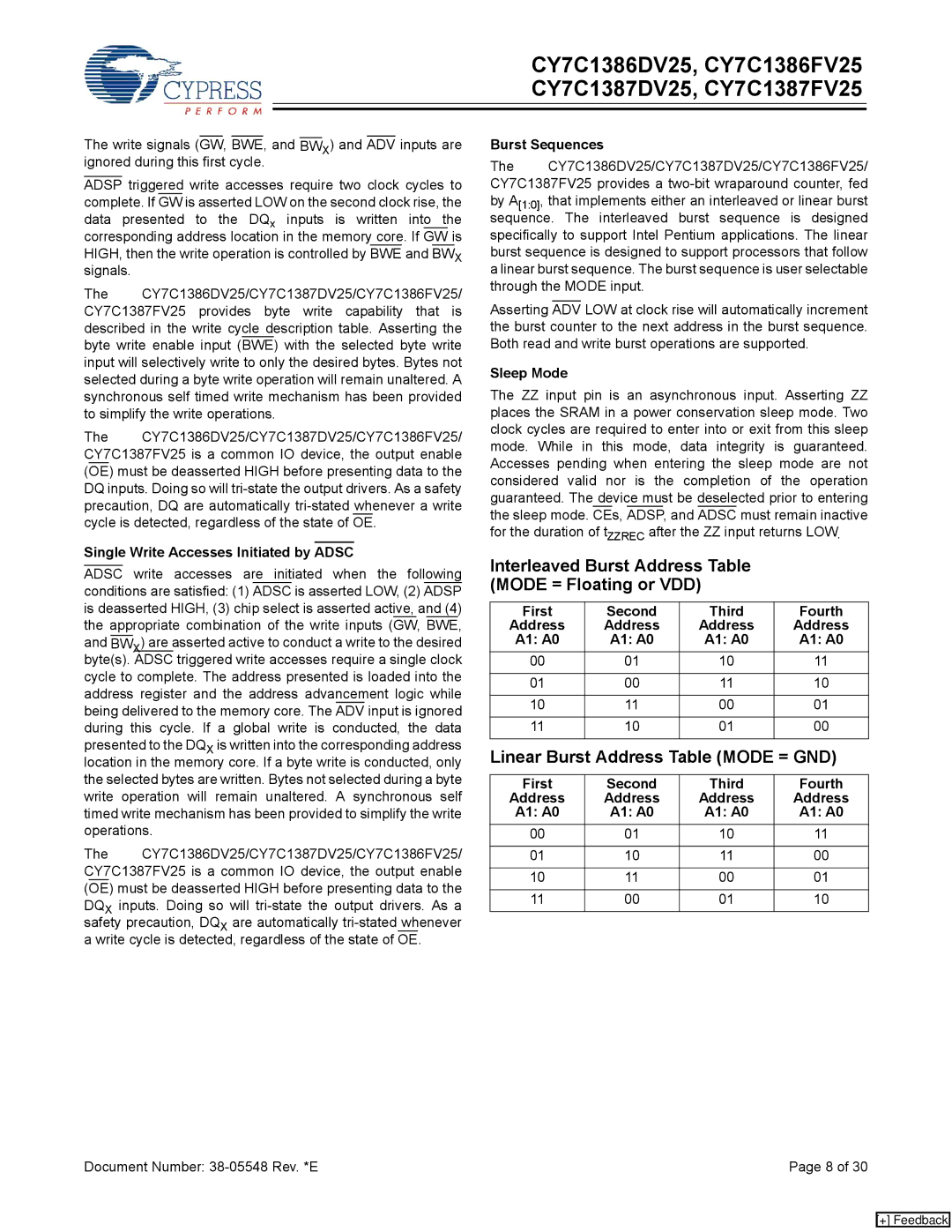 Cypress CY7C1387DV25 manual Interleaved Burst Address Table Mode = Floating or VDD, Linear Burst Address Table Mode = GND 