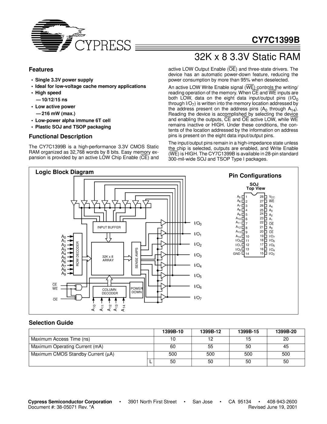 Cypress CY7C1399B manual Features, Functional Description, Logic Block Diagram, Selection Guide 