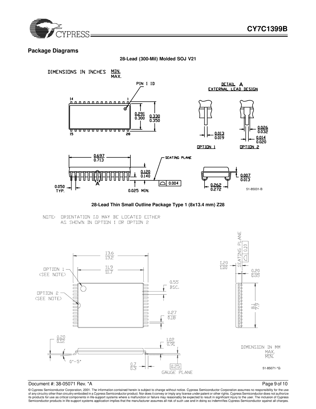 Cypress CY7C1399B manual Package Diagrams, Lead 300-Mil Molded SOJ, Lead Thin Small Outline Package Type 1 8x13.4 mm Z28 