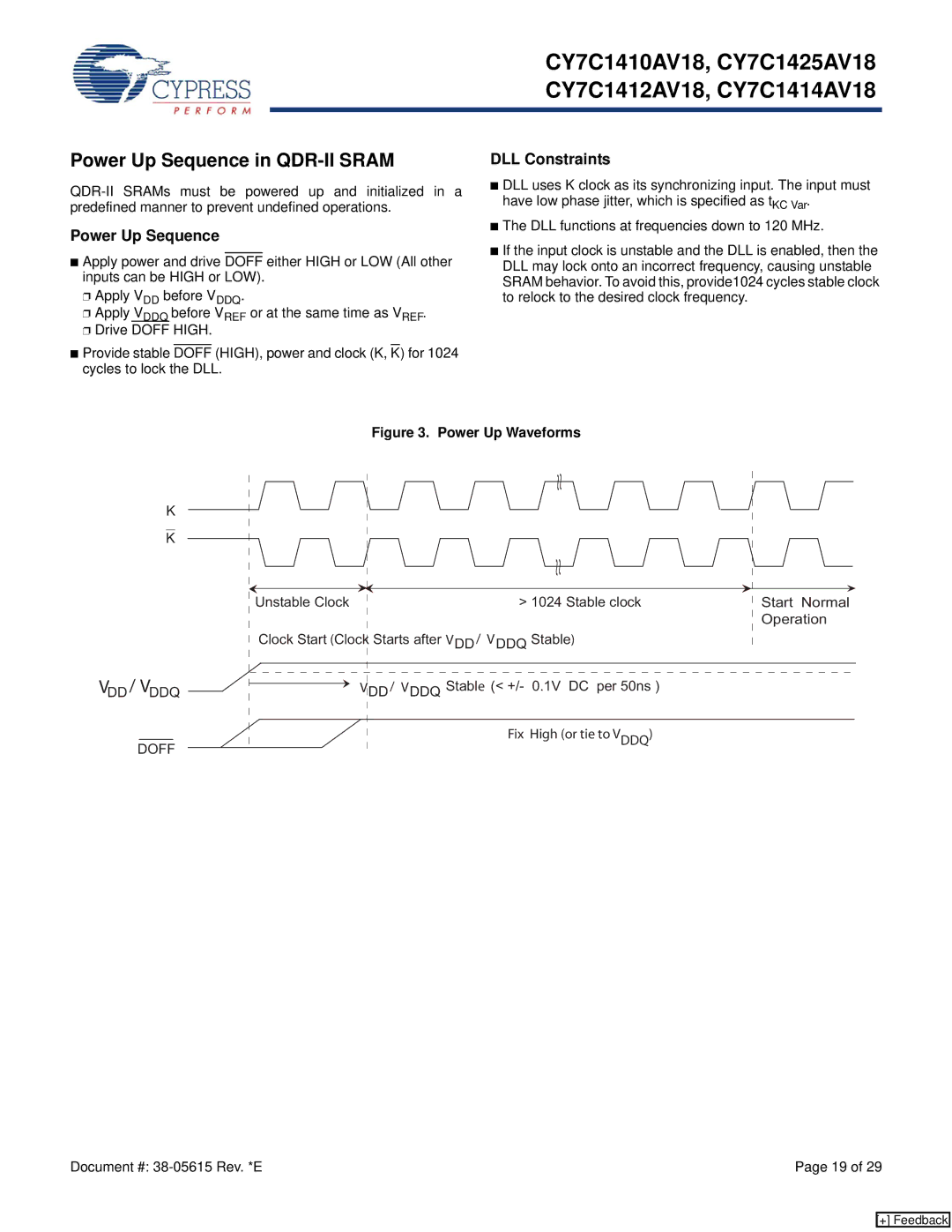 Cypress CY7C1412AV18, CY7C1410AV18, CY7C1425AV18, CY7C1414AV18 manual Power Up Sequence in QDR-II Sram, DLL Constraints 