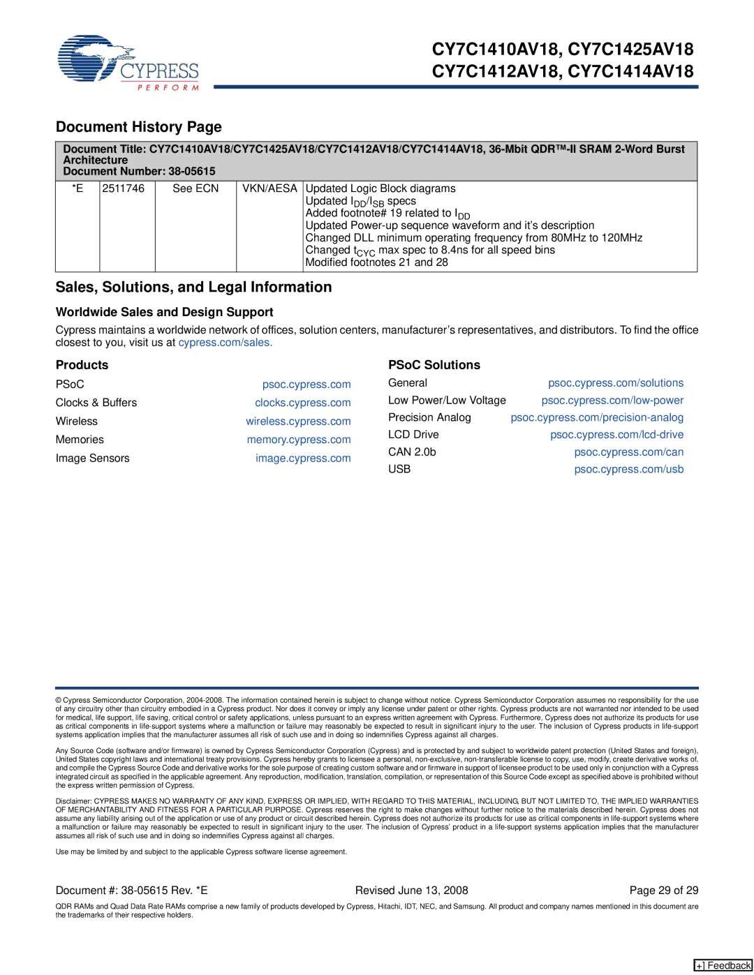 Cypress CY7C1425AV18 Sales, Solutions, and Legal Information, Worldwide Sales and Design Support Products PSoC Solutions 