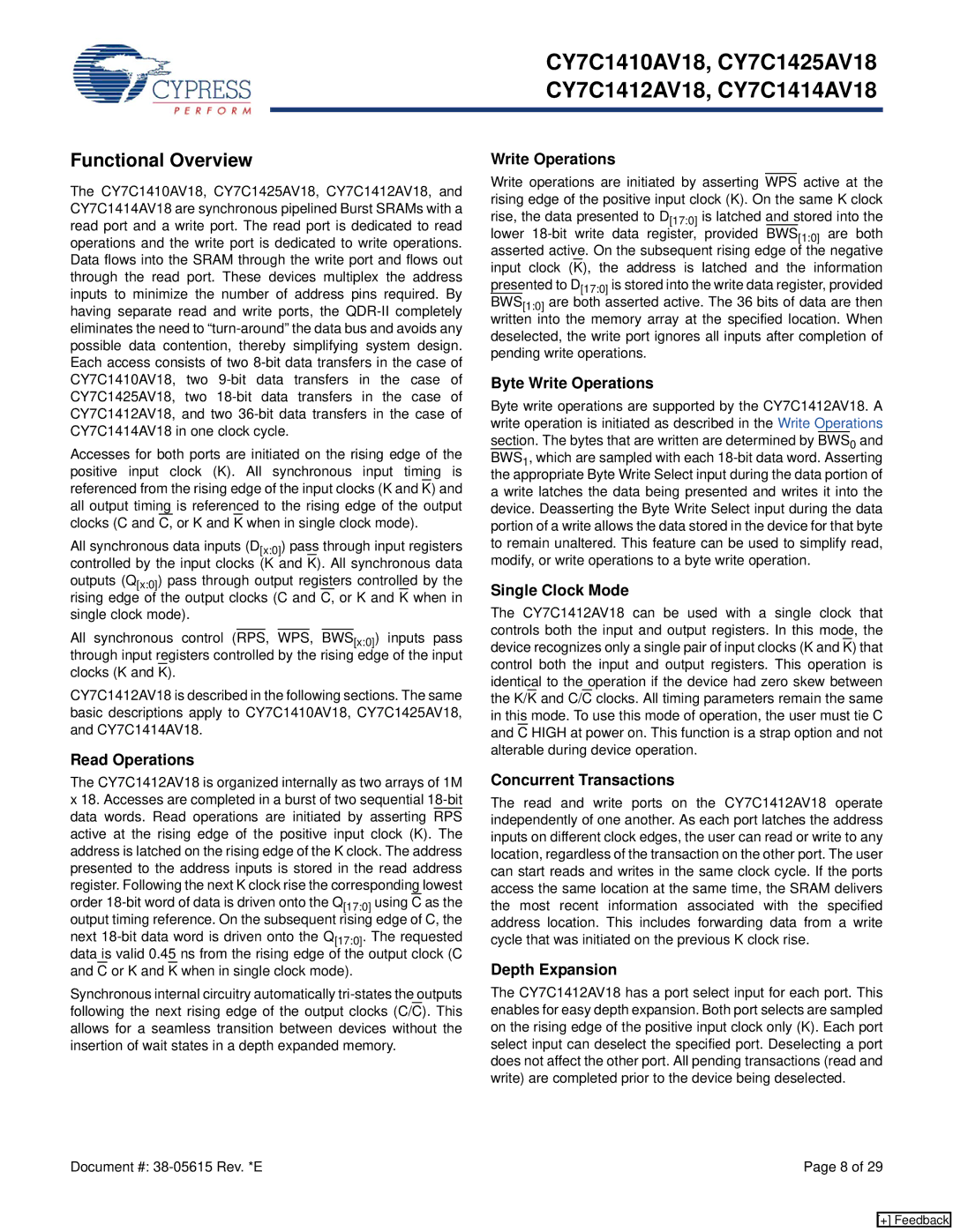 Cypress CY7C1410AV18, CY7C1425AV18, CY7C1414AV18, CY7C1412AV18 manual Functional Overview 