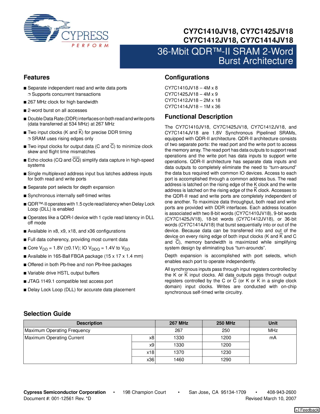 Cypress CY7C1412JV18, CY7C1410JV18, CY7C1425JV18 manual Features, Configurations, Functional Description, Selection Guide 