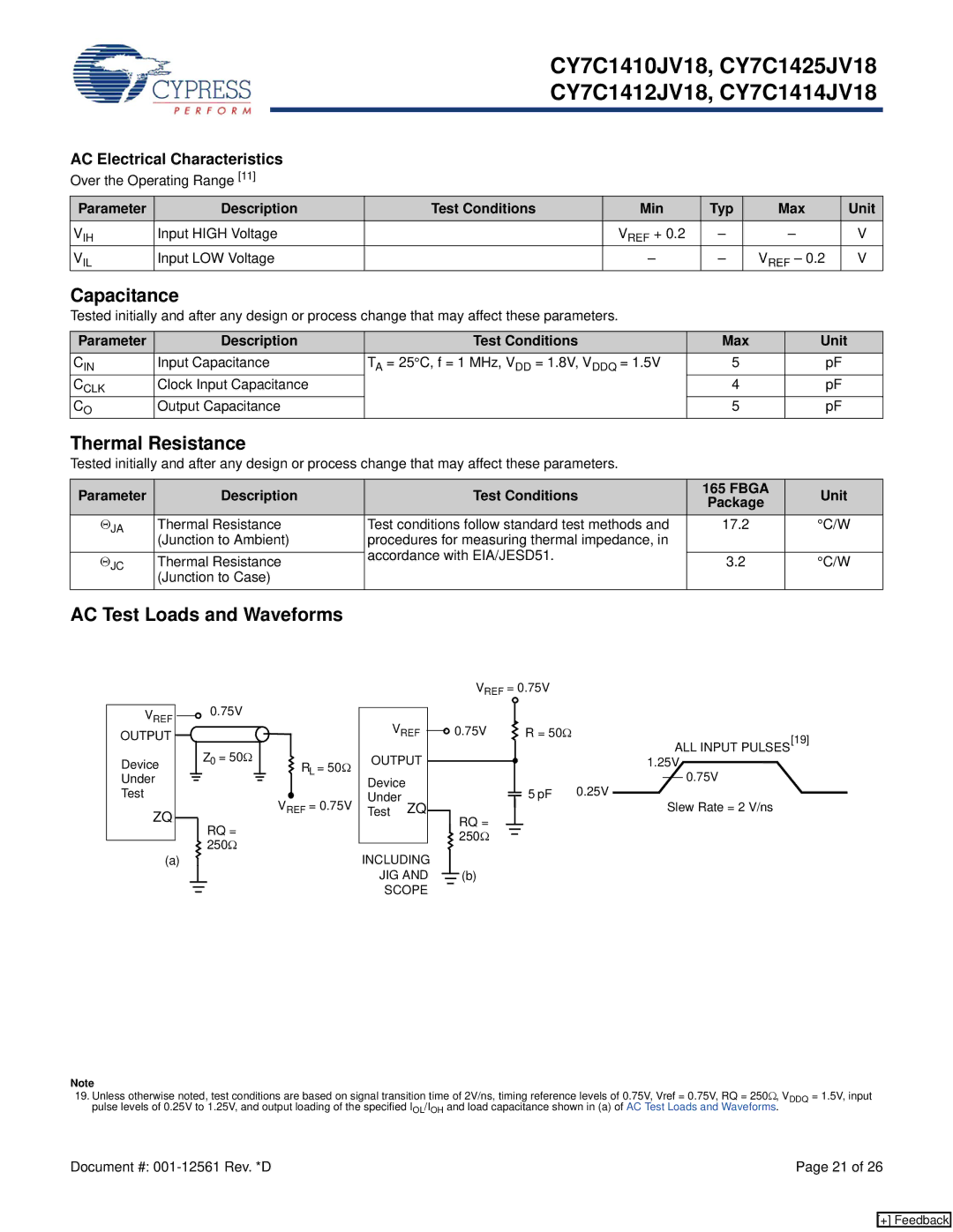 Cypress CY7C1412JV18 manual Capacitance, Thermal Resistance, AC Test Loads and Waveforms, AC Electrical Characteristics 