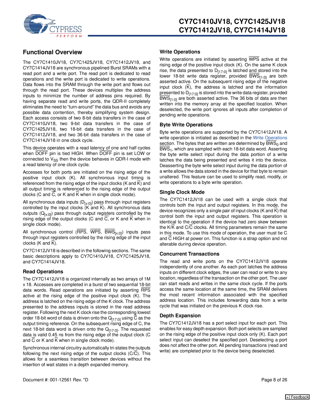 Cypress CY7C1410JV18, CY7C1412JV18, CY7C1425JV18, CY7C1414JV18 manual Functional Overview 