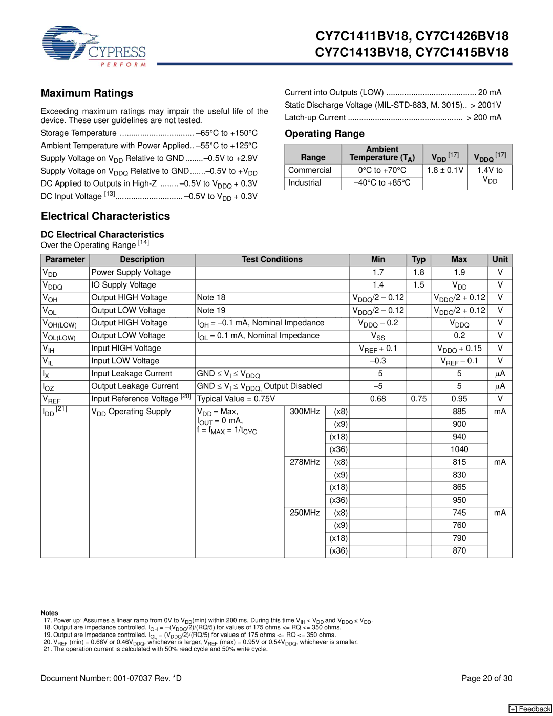 Cypress CY7C1411BV18, CY7C1413BV18, CY7C1426BV18, CY7C1415BV18 manual Maximum Ratings, DC Electrical Characteristics 