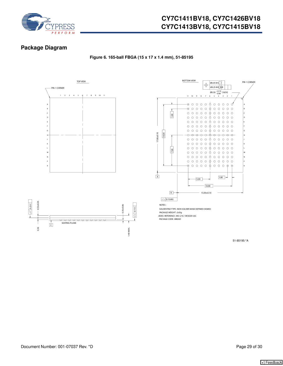 Cypress CY7C1413BV18, CY7C1411BV18, CY7C1426BV18, CY7C1415BV18 manual Package Diagram, Ball Fbga 15 x 17 x 1.4 mm 