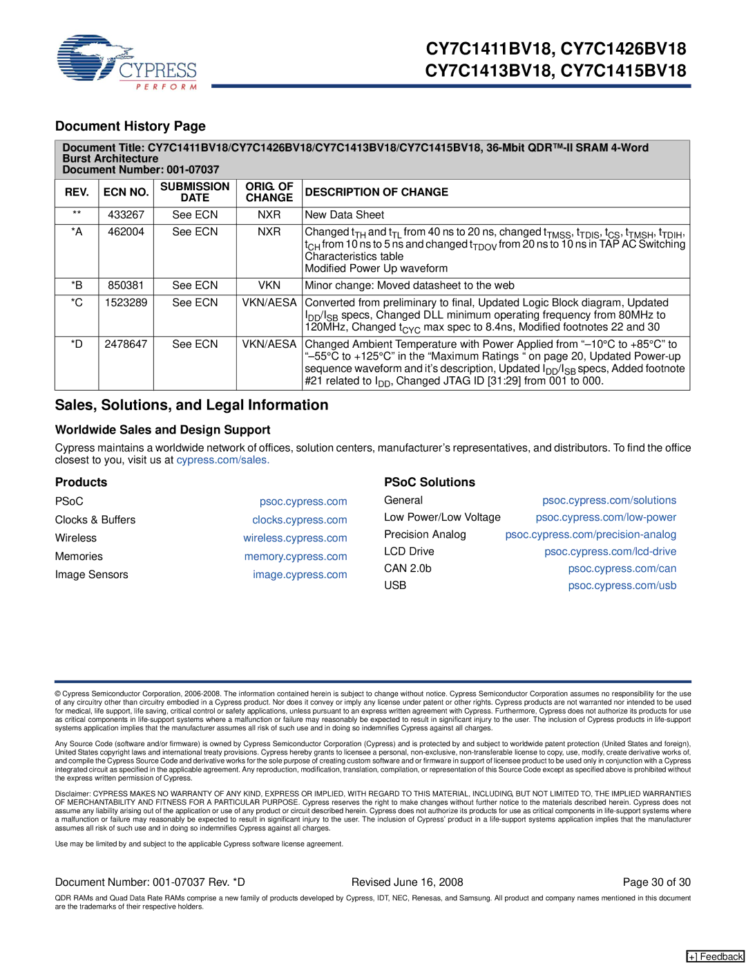 Cypress CY7C1426BV18 Sales, Solutions, and Legal Information, Worldwide Sales and Design Support Products PSoC Solutions 