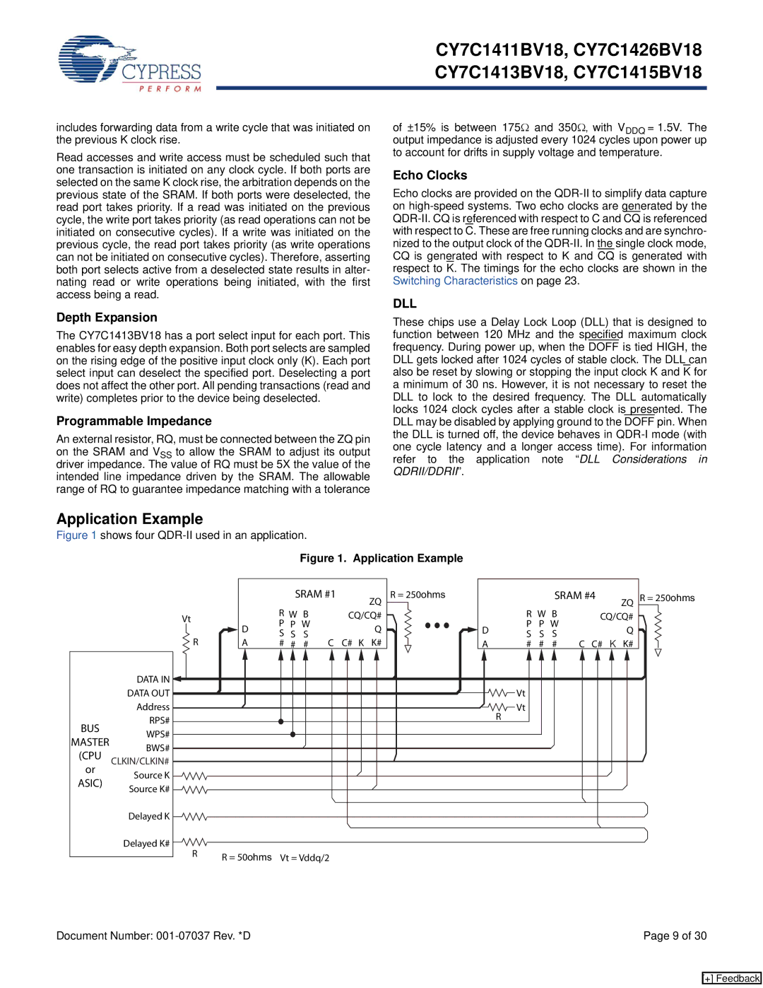 Cypress CY7C1413BV18, CY7C1411BV18 manual Application Example, Depth Expansion, Programmable Impedance, Echo Clocks, Sram #1 