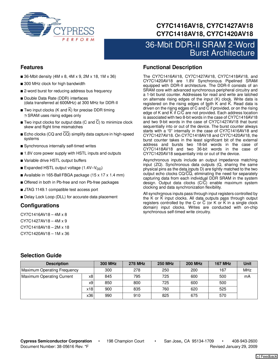 Cypress CY7C1418AV18, CY7C1416AV18, CY7C1420AV18 manual Features, Configurations, Functional Description, Selection Guide 