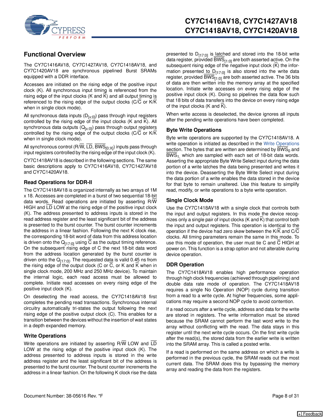 Cypress CY7C1416AV18, CY7C1418AV18, CY7C1420AV18, CY7C1427AV18 manual Functional Overview 