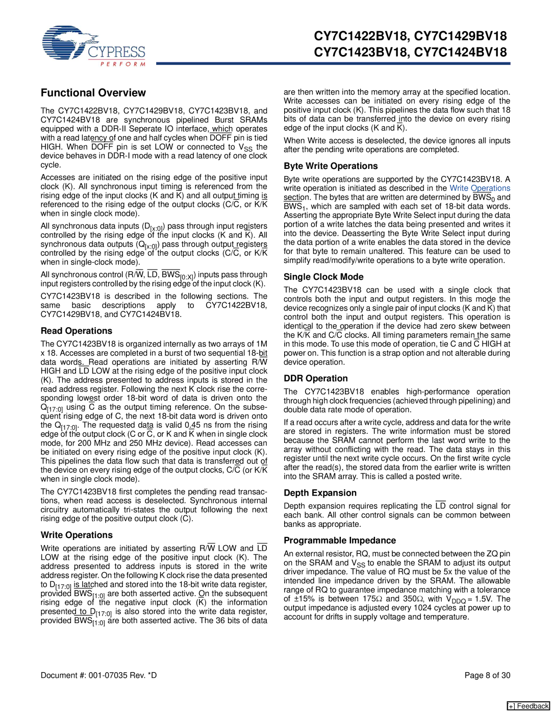 Cypress CY7C1423BV18, CY7C1429BV18, CY7C1424BV18, CY7C1422BV18 manual Functional Overview 