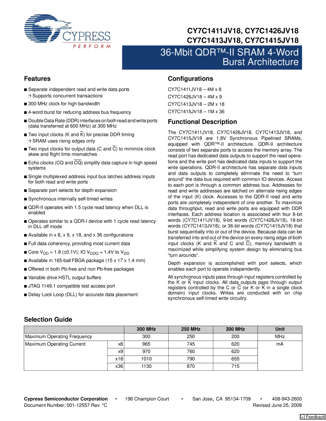 Cypress CY7C1411JV18, CY7C1426JV18, CY7C1415JV18 manual Features, Configurations, Functional Description, Selection Guide 