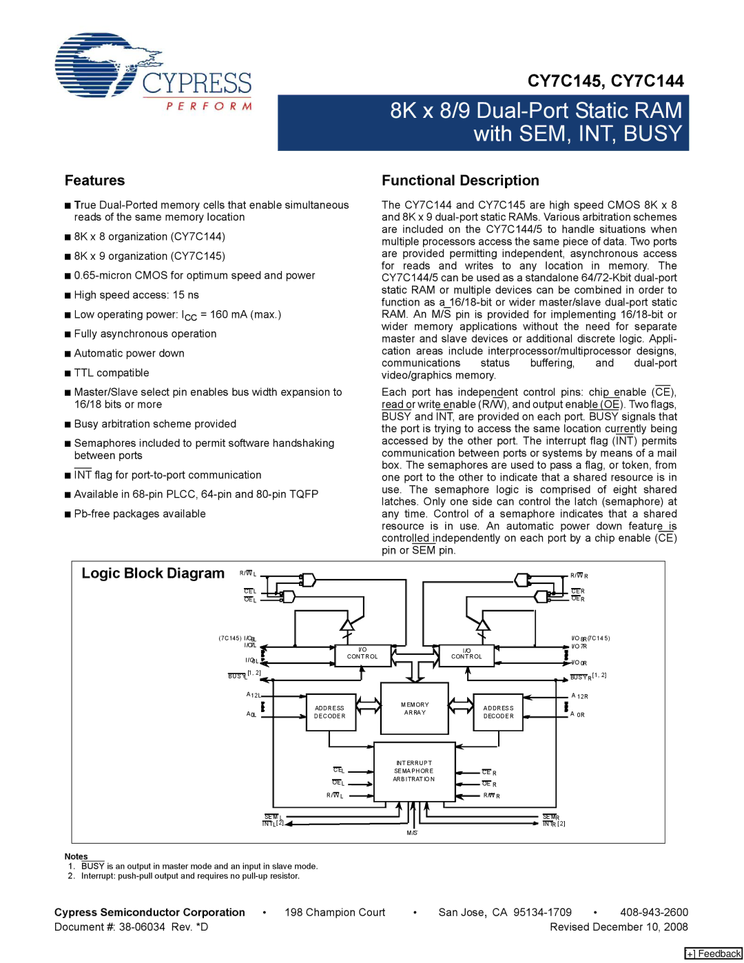 Cypress CY7C145, CY7C144 manual Features, Functional Description, Logic Block Diagram 