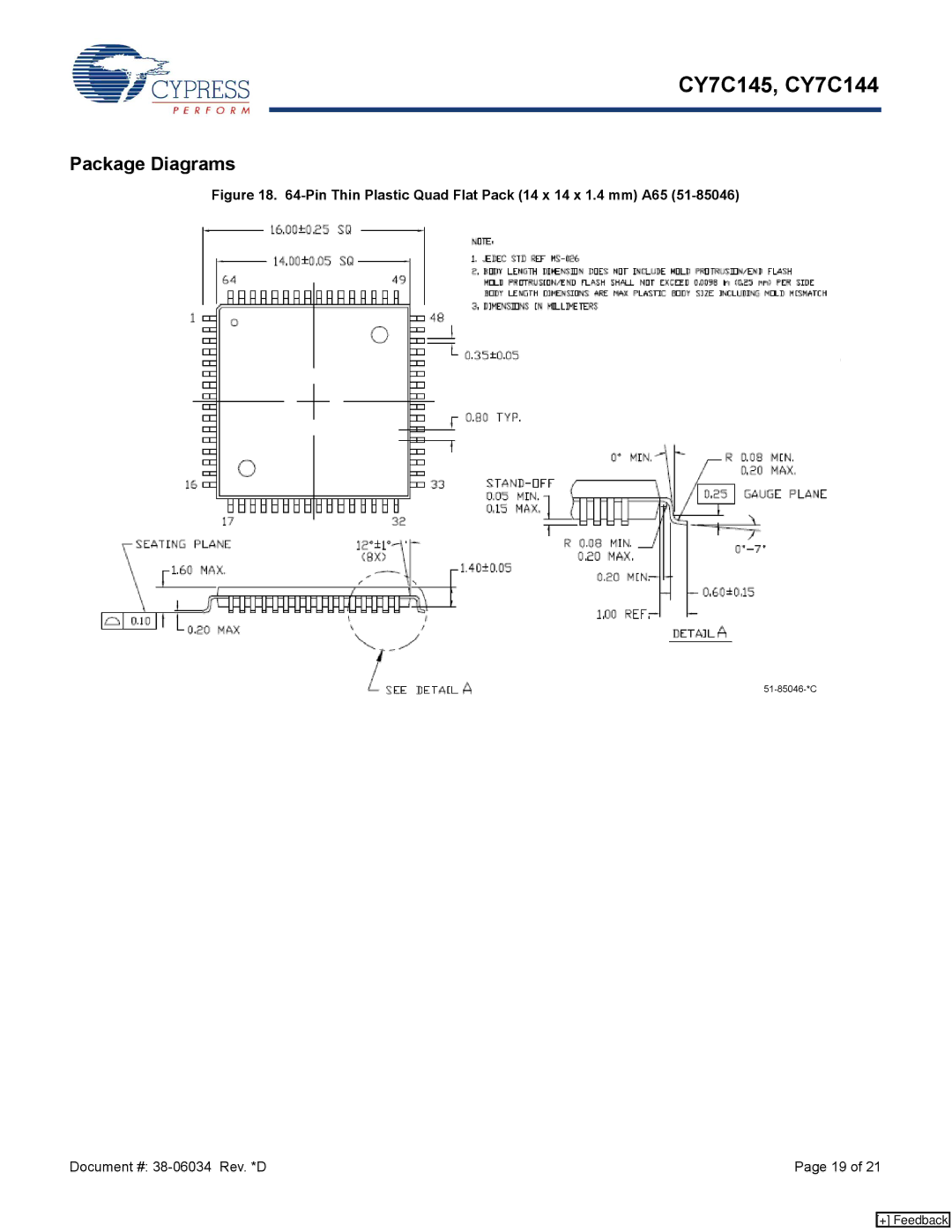 Cypress CY7C145, CY7C144 manual Package Diagrams, Pin Thin Plastic Quad Flat Pack 14 x 14 x 1.4 mm A65 