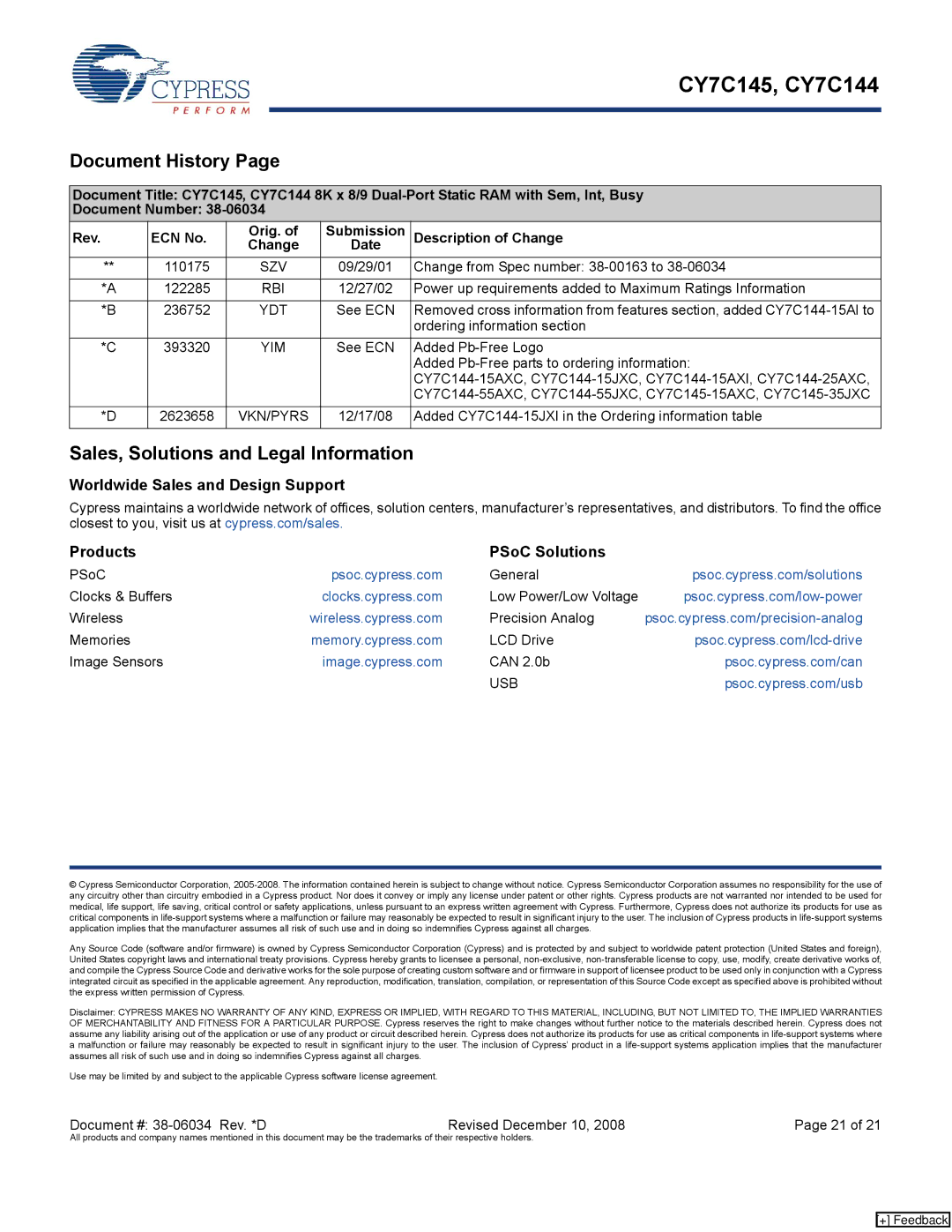 Cypress CY7C145, CY7C144 manual Document History, Sales, Solutions and Legal Information 