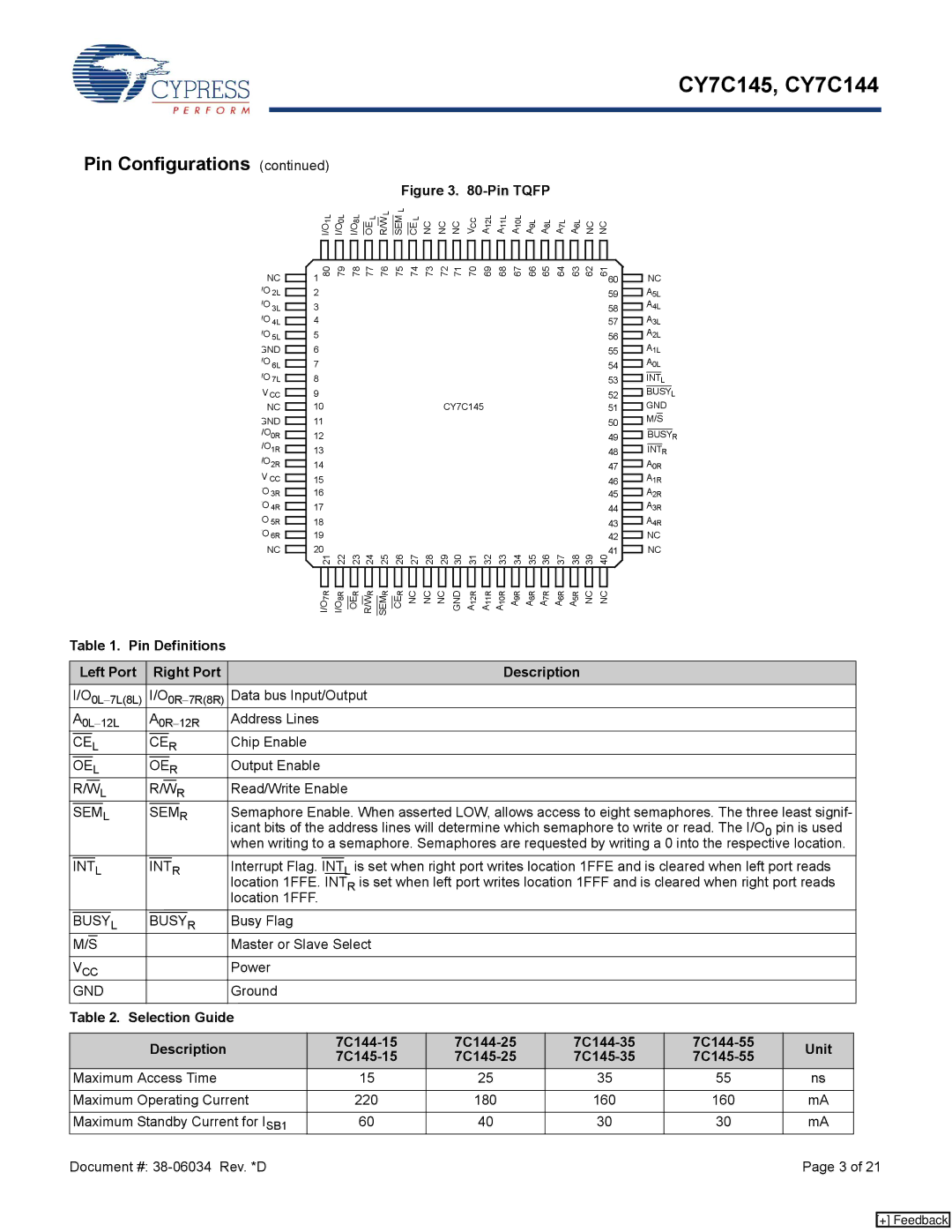 Cypress CY7C145, CY7C144 manual Pin Definitions Left Port Right Port Description, Selection Guide Description, Unit 