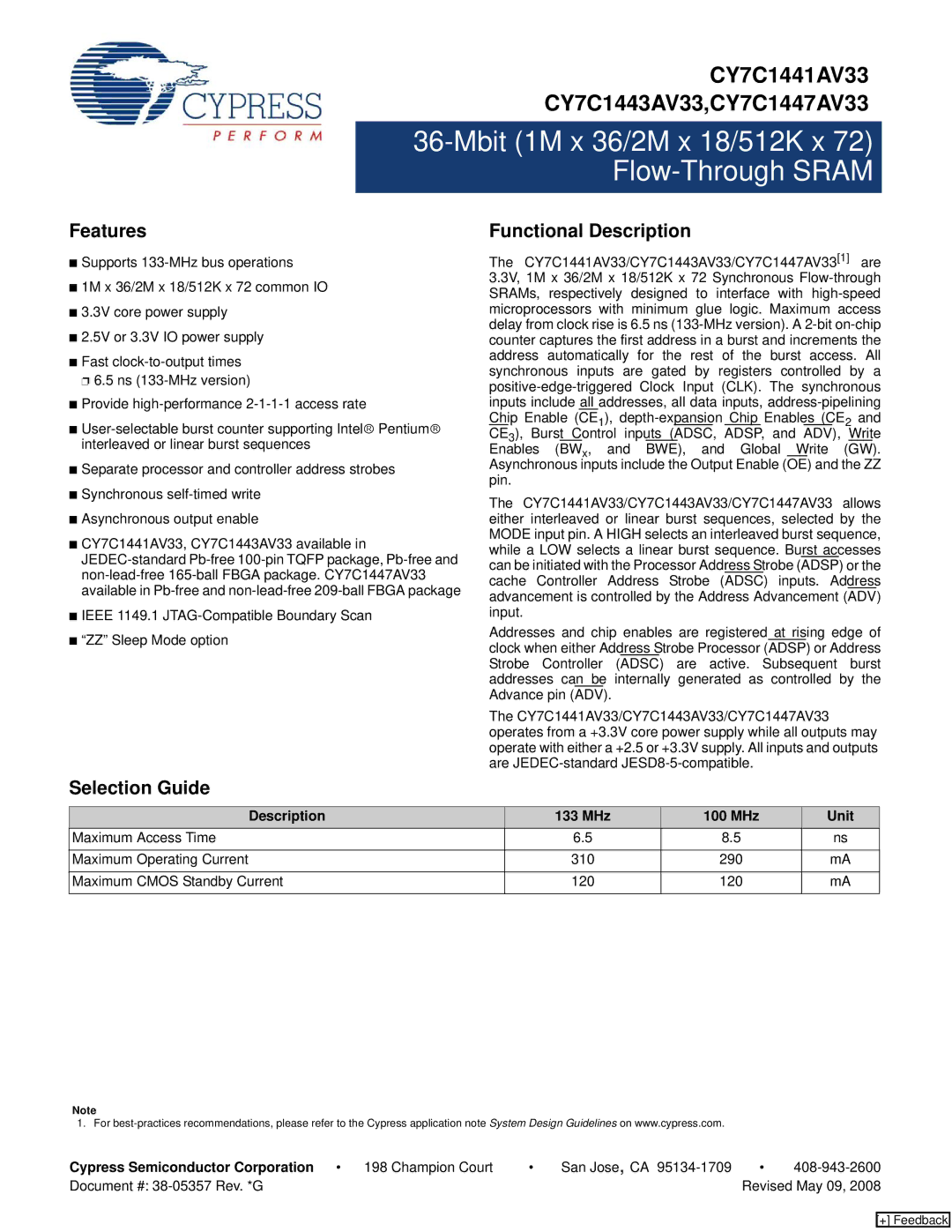 Cypress CY7C1443AV33 manual Features, Selection Guide Functional Description, Description 133 MHz 100 MHz Unit 