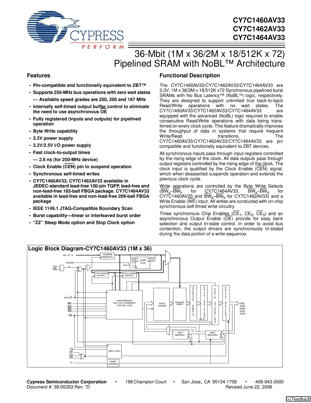 Cypress CY7C1464AV33, CY7C1462AV33 manual Features, Functional Description, Logic Block Diagram-CY7C1460AV33 1M x 