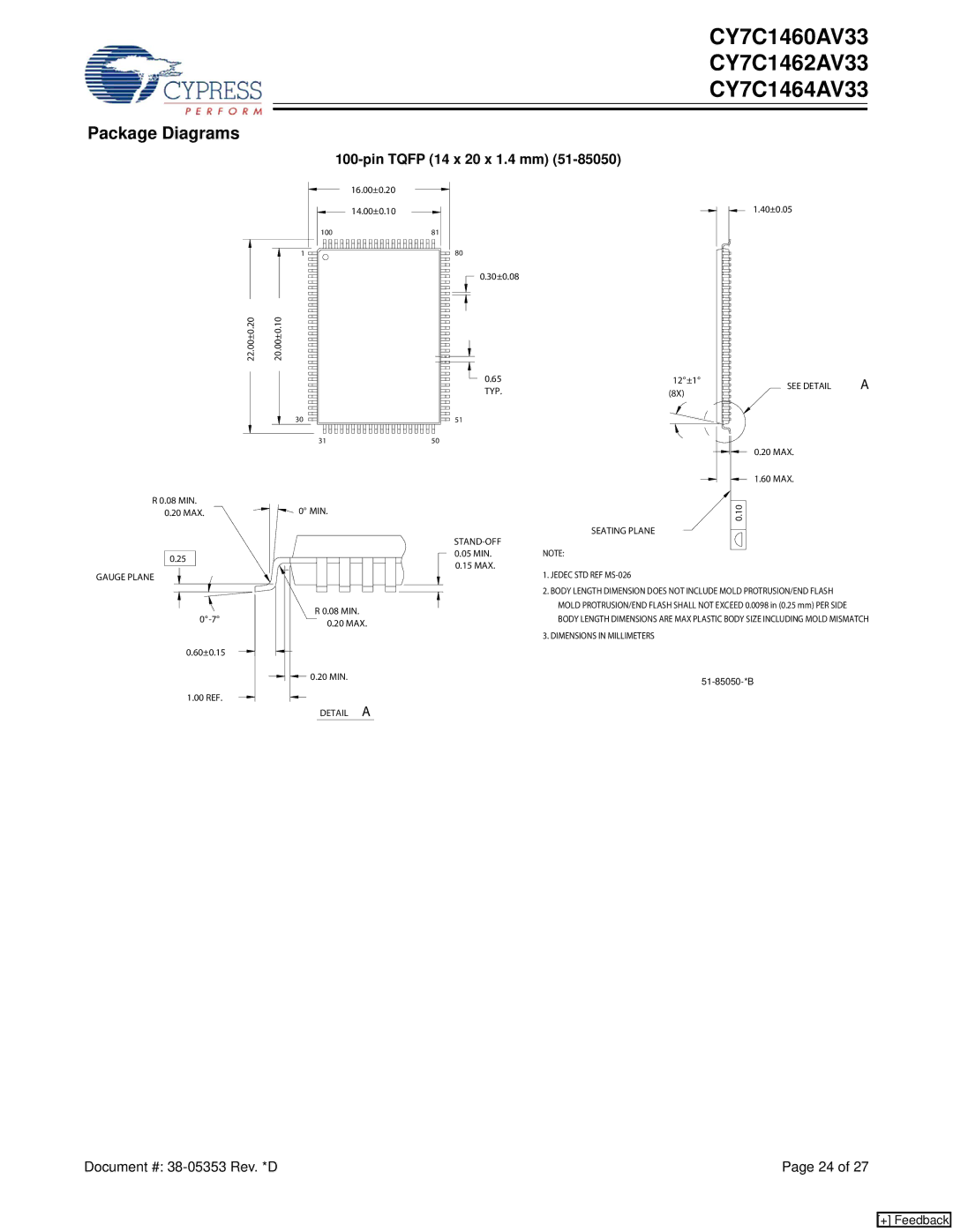 Cypress CY7C1462AV33, CY7C1464AV33, CY7C1460AV33 manual Package Diagrams, Pin Tqfp 14 x 20 x 1.4 mm 