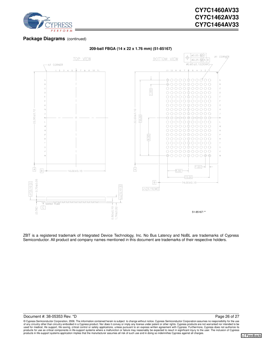 Cypress CY7C1460AV33, CY7C1462AV33, CY7C1464AV33 manual Ball Fbga 14 x 22 x 1.76 mm 