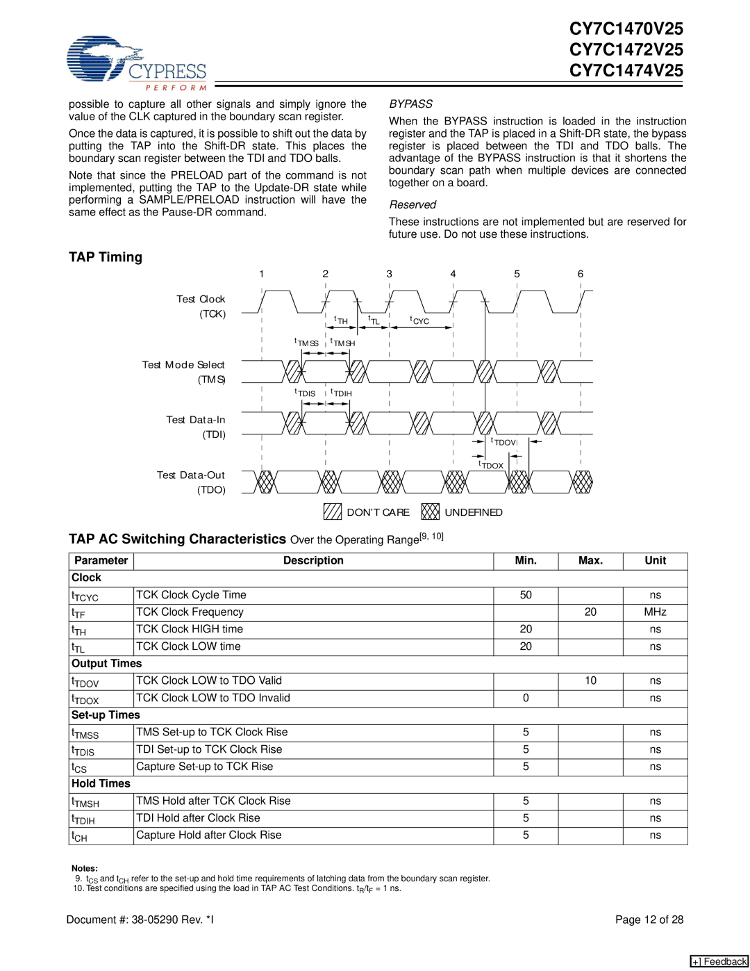 Cypress CY7C1470V25 manual TAP Timing, TAP AC Switching Characteristics Over the Operating Range9, Output Times, Hold Times 