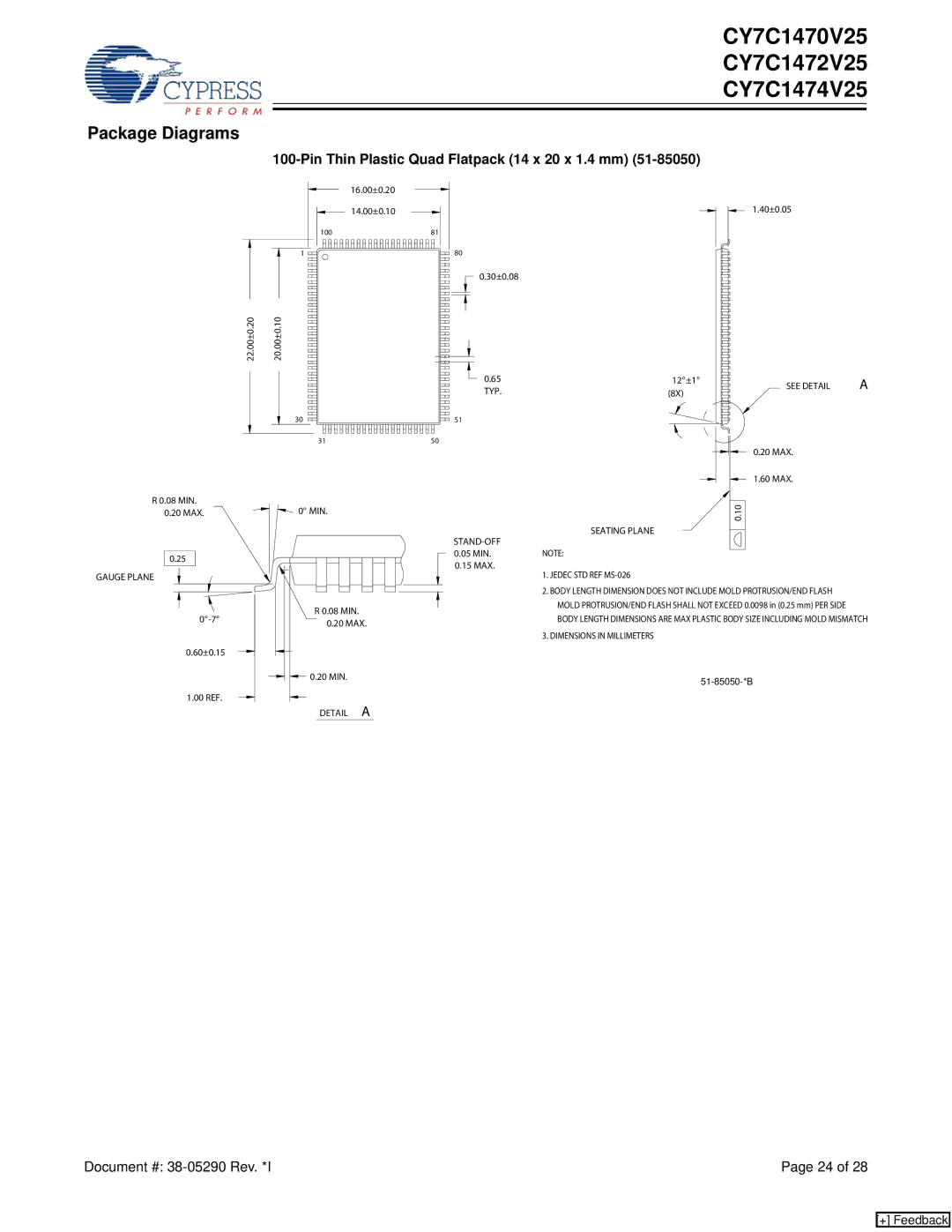 Cypress CY7C1470V25, CY7C1474V25, CY7C1472V25 manual Package Diagrams, Pin Thin Plastic Quad Flatpack 14 x 20 x 1.4 mm 