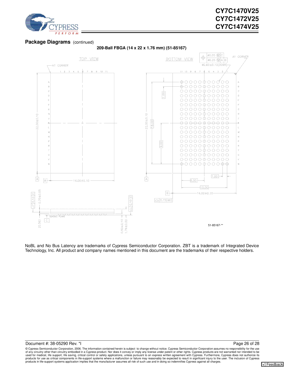 Cypress CY7C1472V25, CY7C1470V25, CY7C1474V25 manual Ball Fbga 14 x 22 x 1.76 mm 