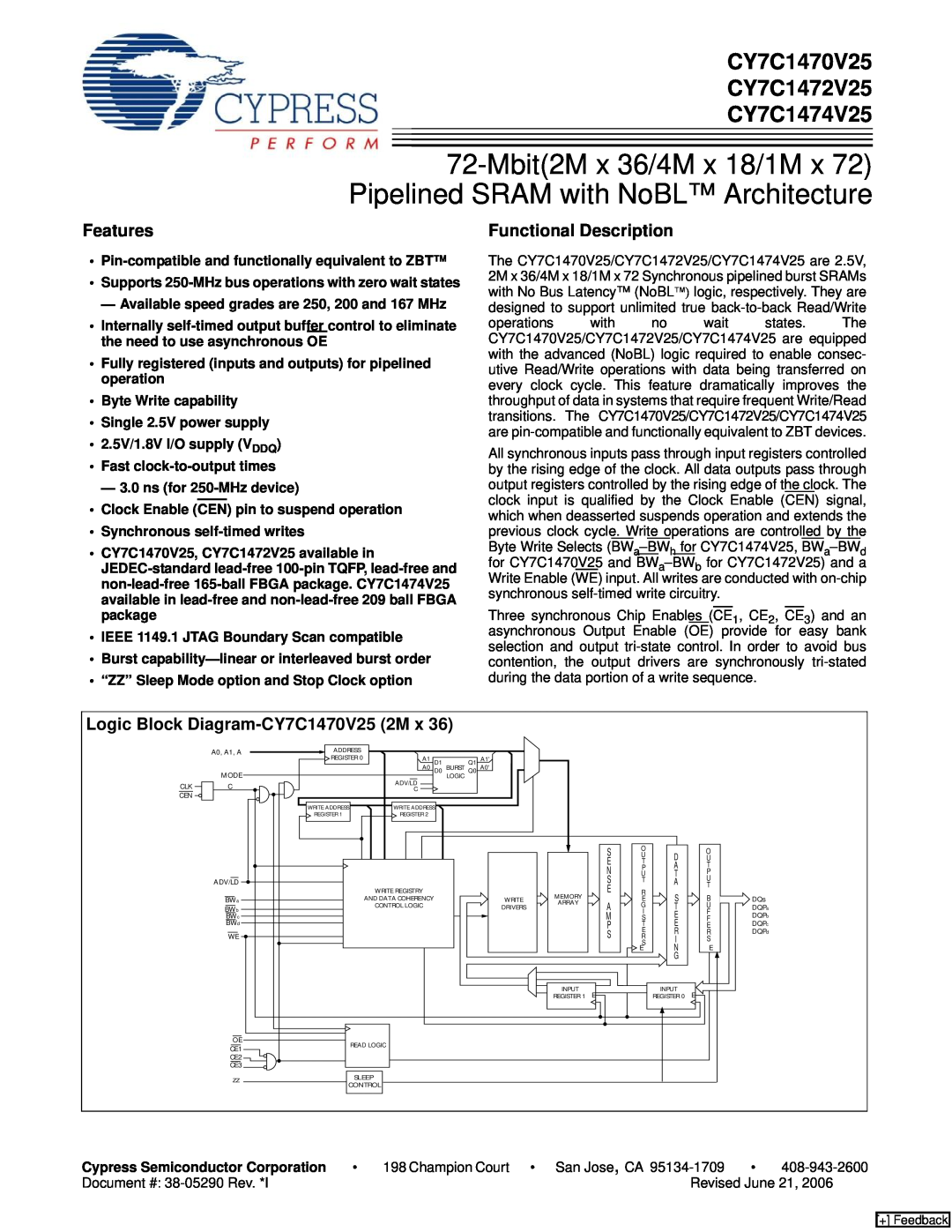 Cypress manual CY7C1470V25 CY7C1472V25 CY7C1474V25, Features, Functional Description 