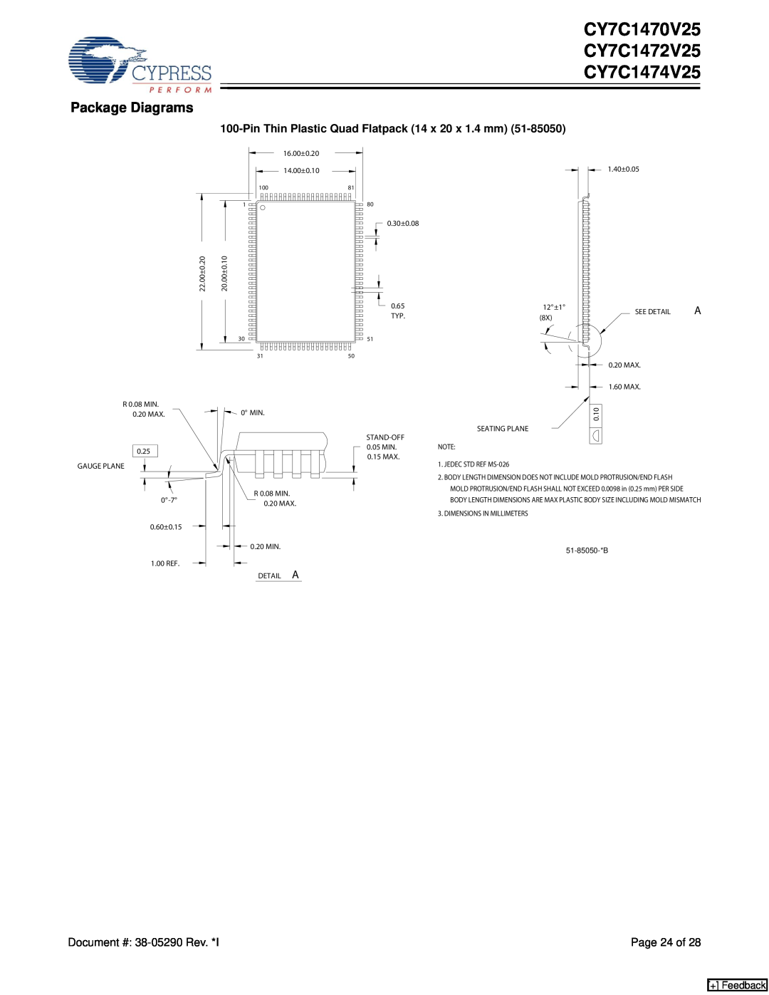 Cypress manual Package Diagrams, CY7C1470V25 CY7C1472V25 CY7C1474V25, Pin Thin Plastic Quad Flatpack 14 x 20 x 1.4 mm 