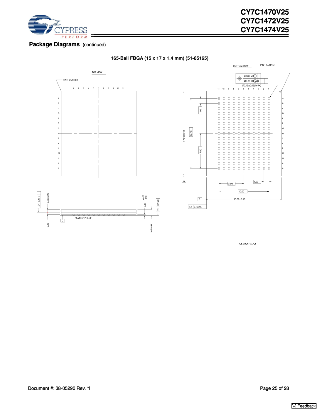 Cypress manual CY7C1470V25 CY7C1472V25 CY7C1474V25, Package Diagrams, Ball FBGA 15 x 17 x 1.4 mm, Page 25 of, + Feedback 