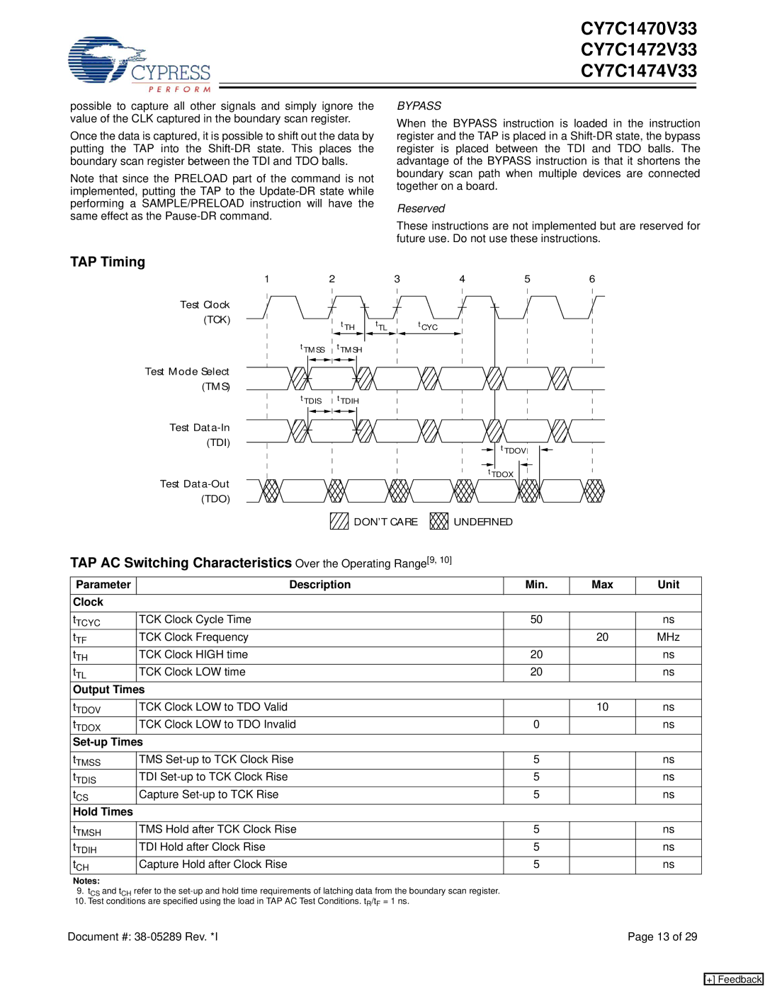 Cypress CY7C1470V33 manual TAP Timing, TAP AC Switching Characteristics Over the Operating Range9, Output Times, Hold Times 