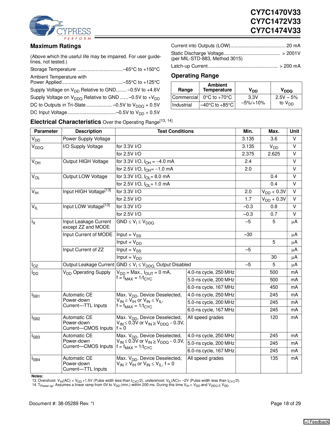 Cypress CY7C1472V33, CY7C1470V33 Maximum Ratings, Electrical Characteristics Over the Operating Range13, Ambient Range 