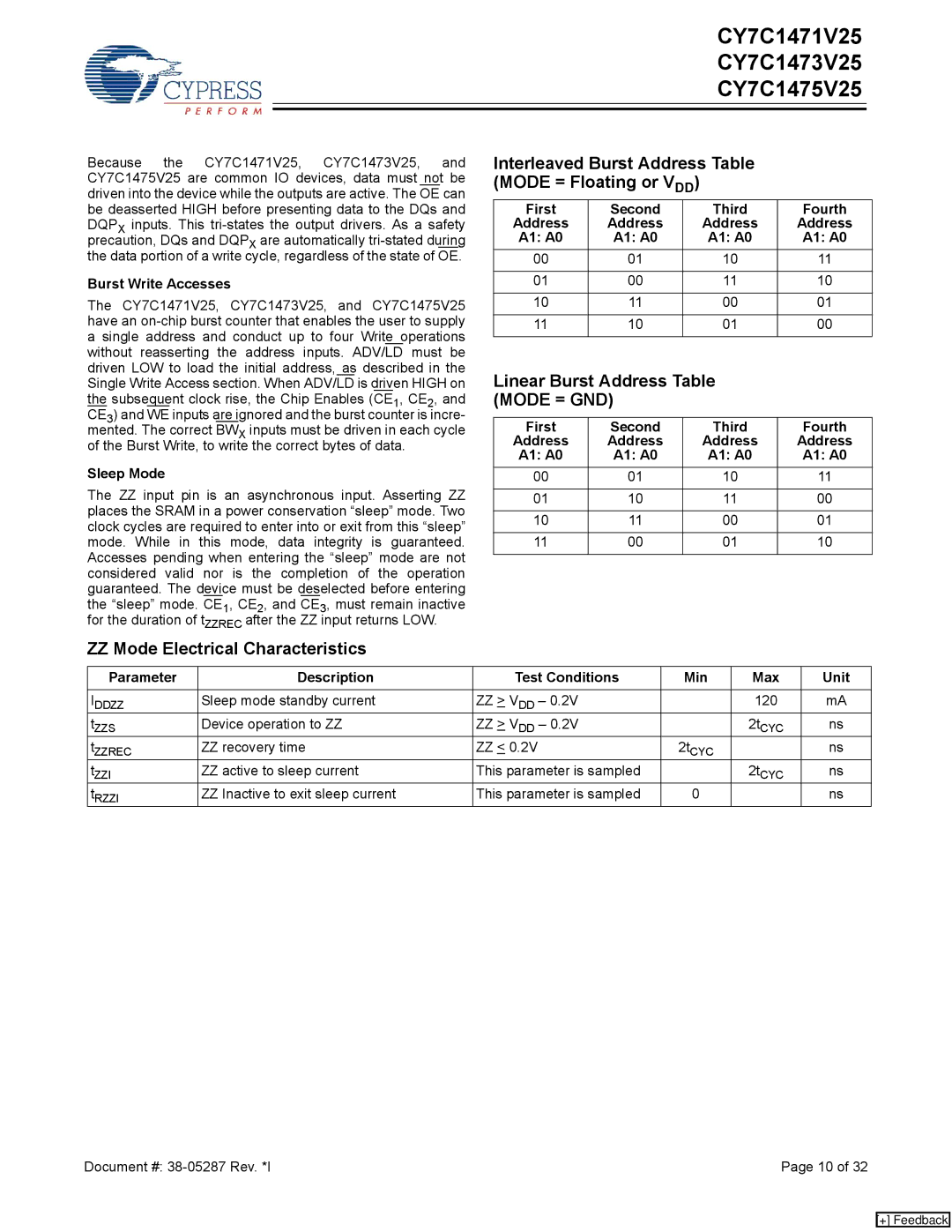 Cypress CY7C1475V25 manual Interleaved Burst Address Table Mode = Floating or VDD, Linear Burst Address Table Mode = GND 